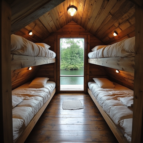 Architectural design of cabin with lake view, cozy beds. Architectural design of cabin with lake view, cozy beds.