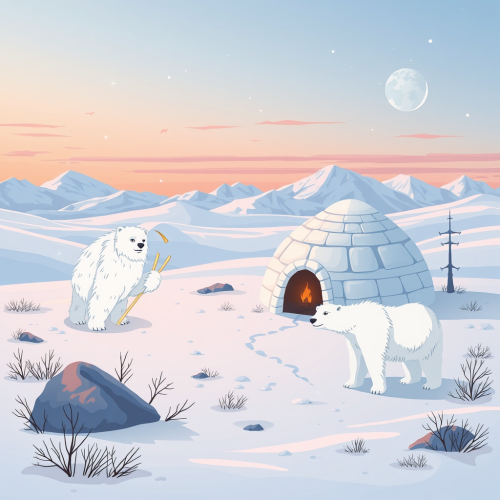 Arctic tundra with snow yeti, polar bear, igloo