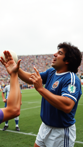 Argentinian soccer player handling ball during a match.