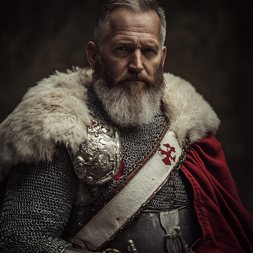 Aristocratic male knight in polished armor and clothes