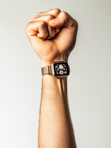 Arm with money, apple watch.