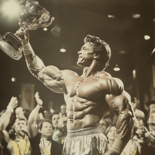 Arnold Schwarzenegger showing muscular body and lifting trophy.