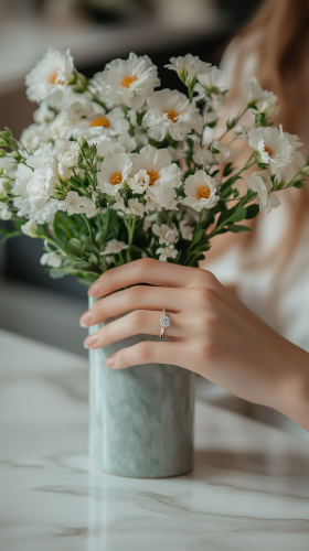 Arranging flowers in fancy boutique with wedding rings on