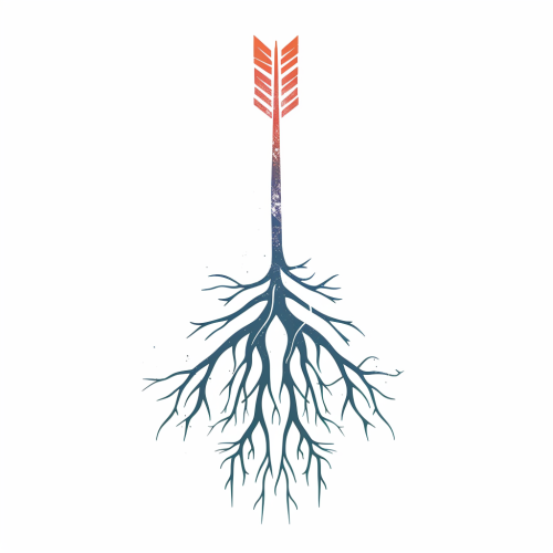 Arrow emerges from flourishing roots in nature-themed logo.