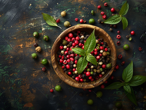 Artful Display of Kampot Peppercorns on Rustic Wood