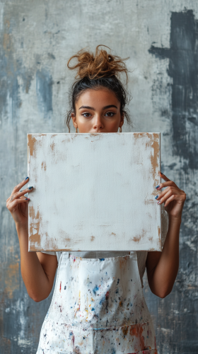 Artist holding canvas with paint, face hidden