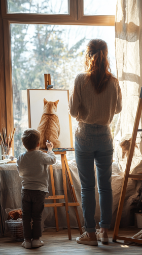 Artist painting pet portraits with child and cat