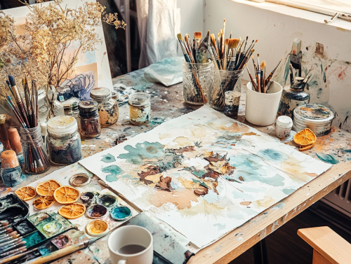 Artistic Workspace with Natural Elements and Supplies Artistic Workspace with Natural Elements and Supplies