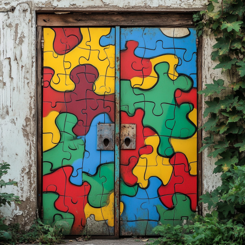 Artistic hand-painted door with vibrant puzzle pieces.