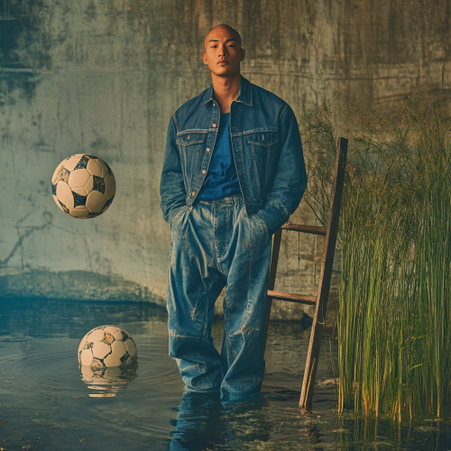Asian Bald Man in Denim on Fashion Shoot