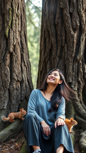 Asian Lady Conversation with Pine Tree in Fantasy World