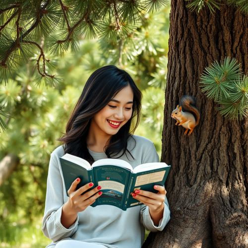 Asian Lady Enjoys Reading Under Pine Tree