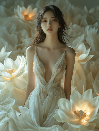 Asian Woman Surrounded by Lotus Petals on White