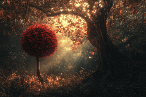 Asian forest with red ball tree, golden light background.