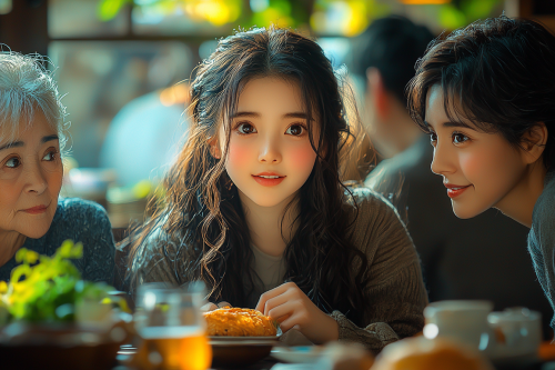 Asian girl lectured by parents at dinner table. Asian girl lectured by parents at dinner table.