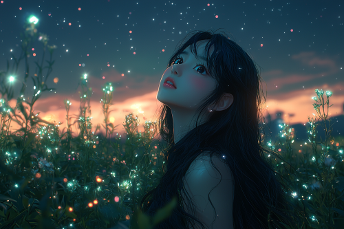 Asian girl with black hair staring at night sky. Asian girl with black hair staring at night sky.