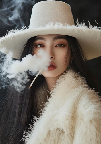 Asian woman in white hat and brown sweater