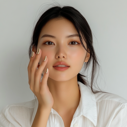 Asian woman showing new nails, gold accent line, neutral pink base, casual white top, candid photo. Asian woman showing new nails, gold accent line, neutral pink base, casual white top, candid photo.