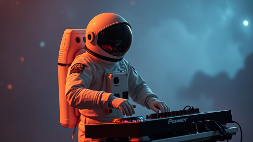 Astronaut Holding DJ Pioneer flx4 in Galaxy