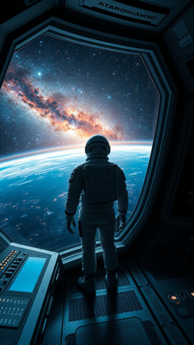 Astronaut Marvels at Universe from Futuristic Spaceship