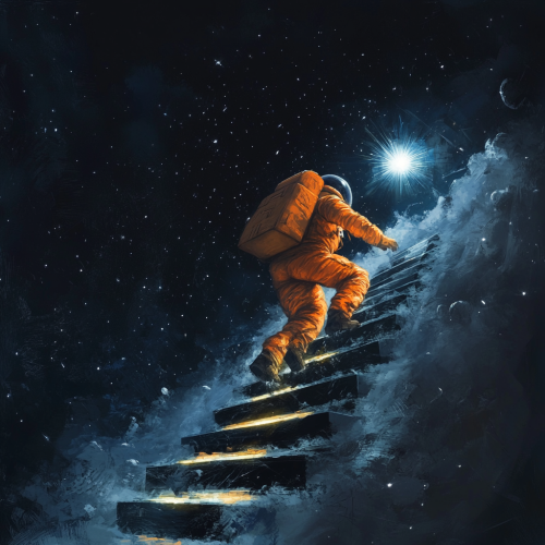Astronaut climbs glowing steps towards star in space.  Astronaut climbs glowing steps towards star in space.