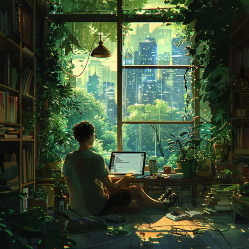 Athletic Man Coding in Cozy, Plant-Filled Room Athletic Man Coding in Cozy, Plant-Filled Room