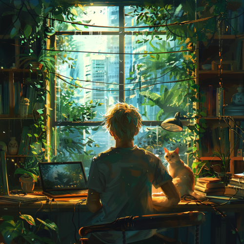 Athletic Man Working in Cozy Room with Futuristic View Athletic Man Working in Cozy Room with Futuristic View