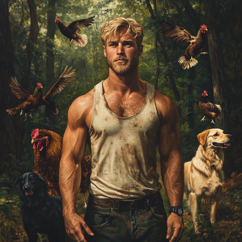 Athletic man with dogs and chickens in Georgia forest