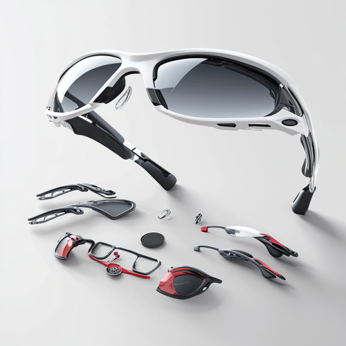 Athletic sunglasses shown in exploded view with 3 components.