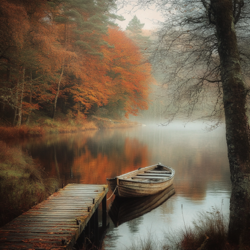 Autumn Morning Tranquility: Misty Lake Reflection