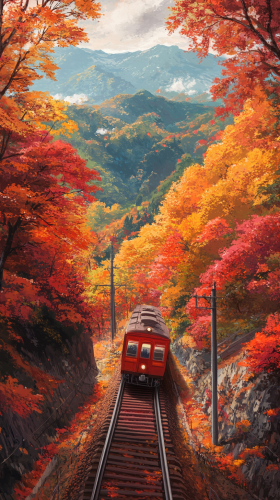 Autumn Train Journey Through Colorful Mountains