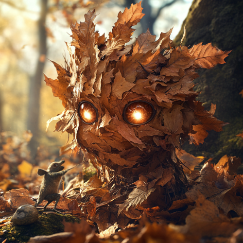 Autumn leaves forest spirit playing with woodland creatures, glowing. Autumn leaves forest spirit playing with woodland creatures, glowing.