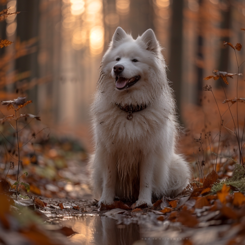 Autumn photo captures happy dog in forest setting. Autumn photo captures happy dog in forest setting.