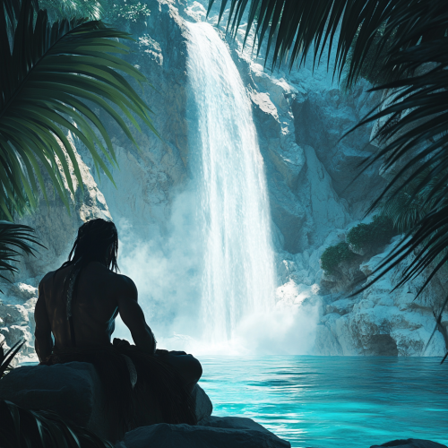 Aztec warrior discovers secret waterfall through palm leaves