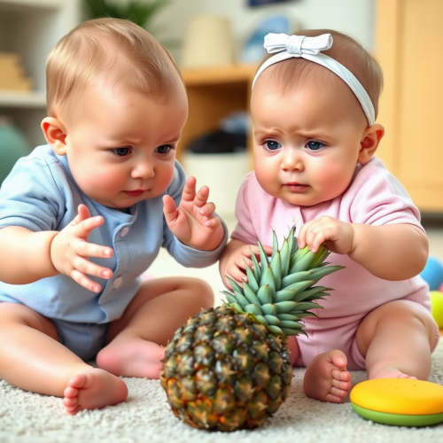 Babies Playfully Fighting Over a Pineapple