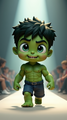Baby Hulk struts the runway in Pixar style.