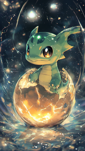 Baby Rayquaza emerges from cosmic egg, surrounded by stars. Baby Rayquaza emerges from cosmic egg, surrounded by stars.