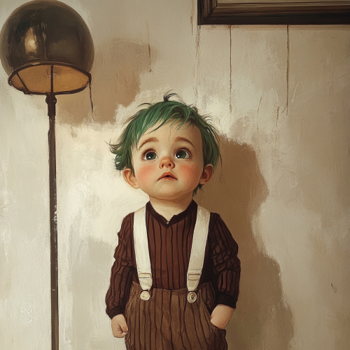 Baby dressed like Willy Wonka near lamp in room