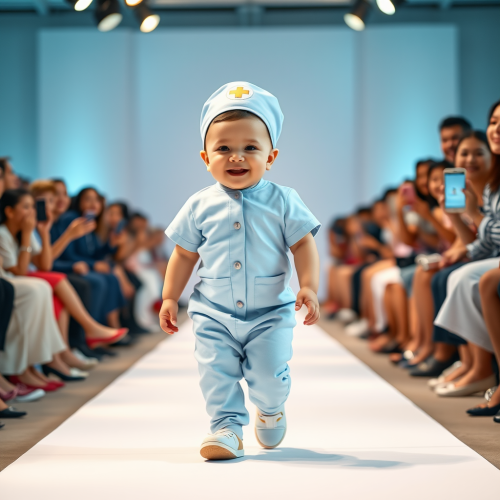 Baby in Nurse Uniform Charms Runway Audience