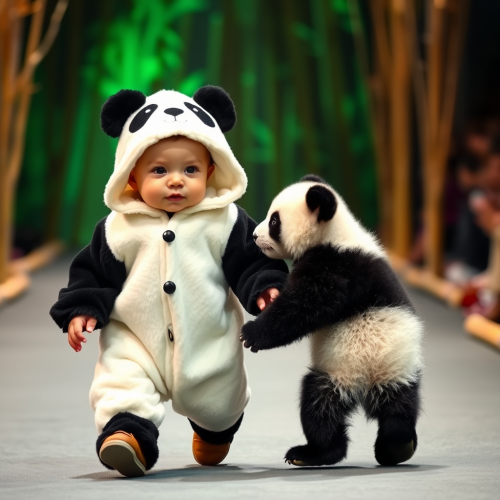 Baby in Panda Costume Walking with Panda Cub
