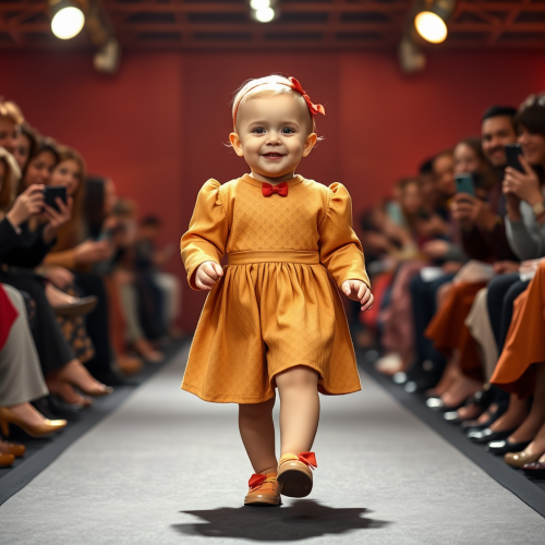 Baby walking confidently in apple pie-inspired outfit.