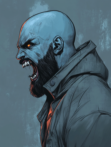 Bald Man Screaming War Cry, Iron Skull, Glowing Eyes