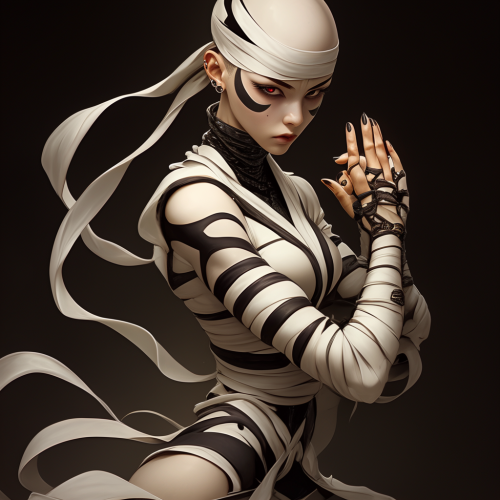 Bald gothic girl with ruby eye and tattoos fighting.