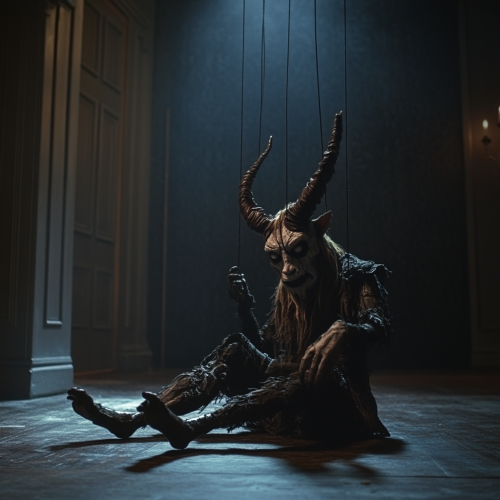 Baphomet puppet lies limp in dark mansion, spotlight dramatic.
