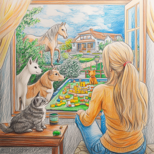 Barbie playing with playdoh surrounded by pets and horse.