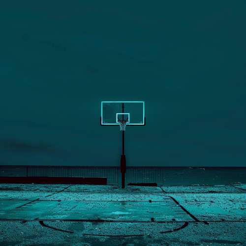 Basketball lines under teal night sky with motif