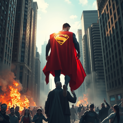 Batman Watches Radiant Superman Amidst Fiery Chaos