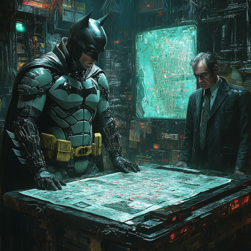 Batman and Alfred plan in dim hideout with gadgets.