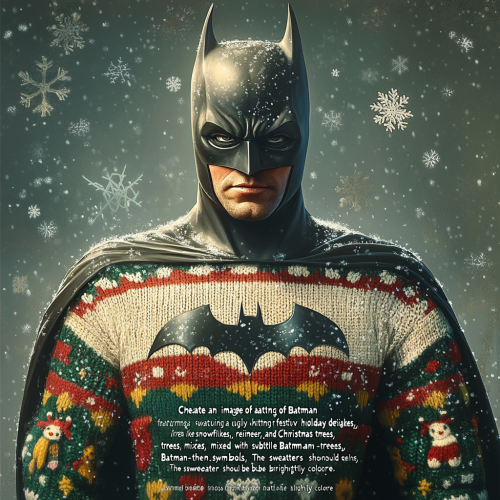 Batman in Colorful Christmas Sweater Standing in Snowy Scene