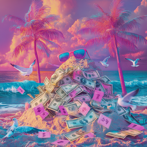 Beach artist sculpts money pile, seagulls carry price tags.